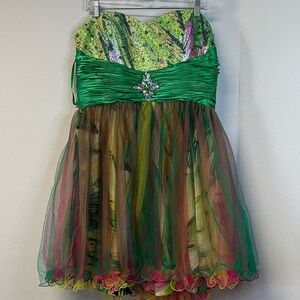 NWT May Queen Green Multicolor Sequin Tulle Satin Mini Dress Prom Homecoming 14